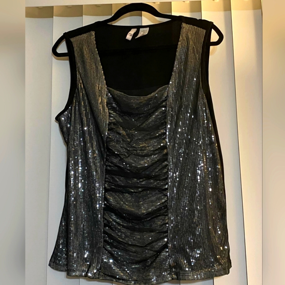 Sami & Jo XL Tank Top Sequins Sparke Silver Chrome Black